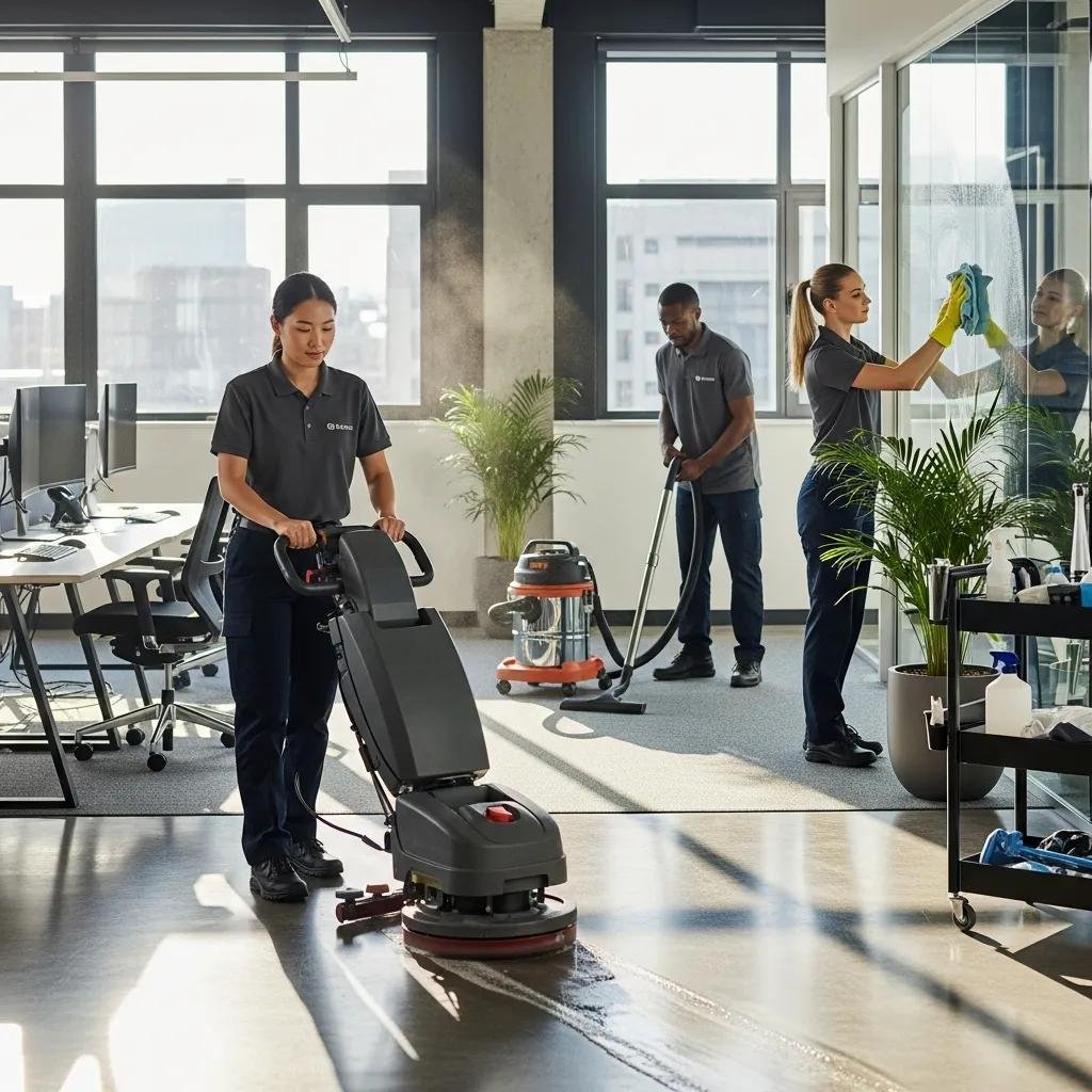 Commercial cleaning team at work